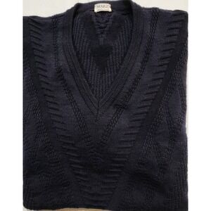 Vtg Marz Munchen Blue 100% Virgin  Wool Cable Knit V-Neck Sweater - 48/S